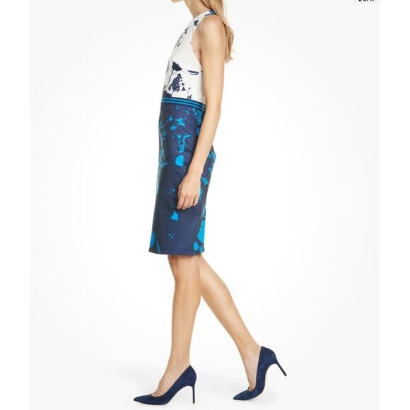 TED BAKER TILLIAI BLUEBELL NAVY AND CREAM BODYCON DRESS W SUSPENDERS SZ 3 US8-10 - Picture 3 of 14